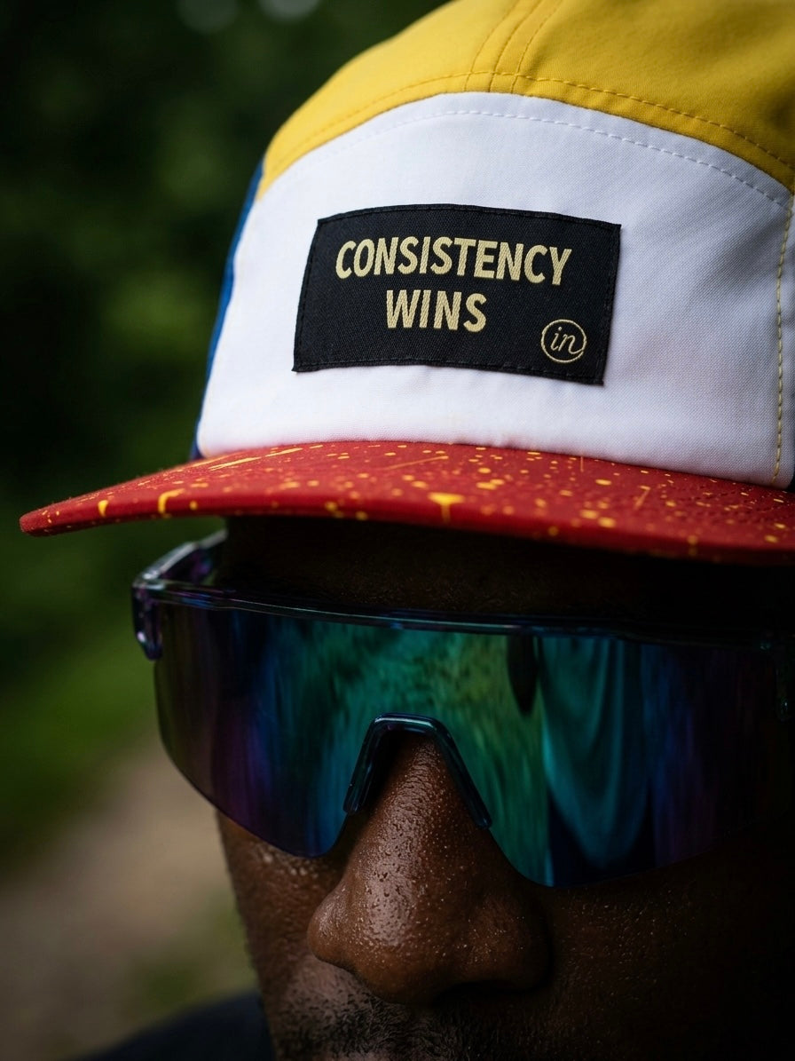 Inherit Noir "Consistency Wins" Running Cap. Worn by model.