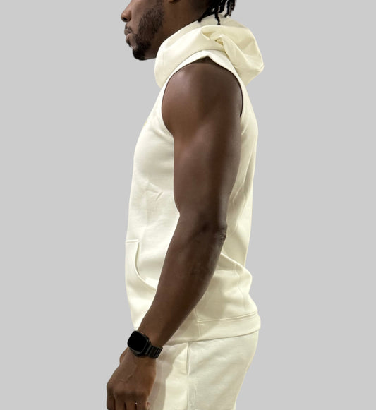 Inherit Noir IN Sleeveless Hoodie in Off White. Flat-lay product detail.