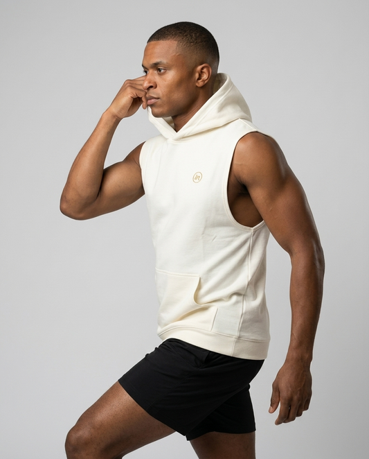 IN Sleeveless Hoodie Off White — studio 3/4 action on-model