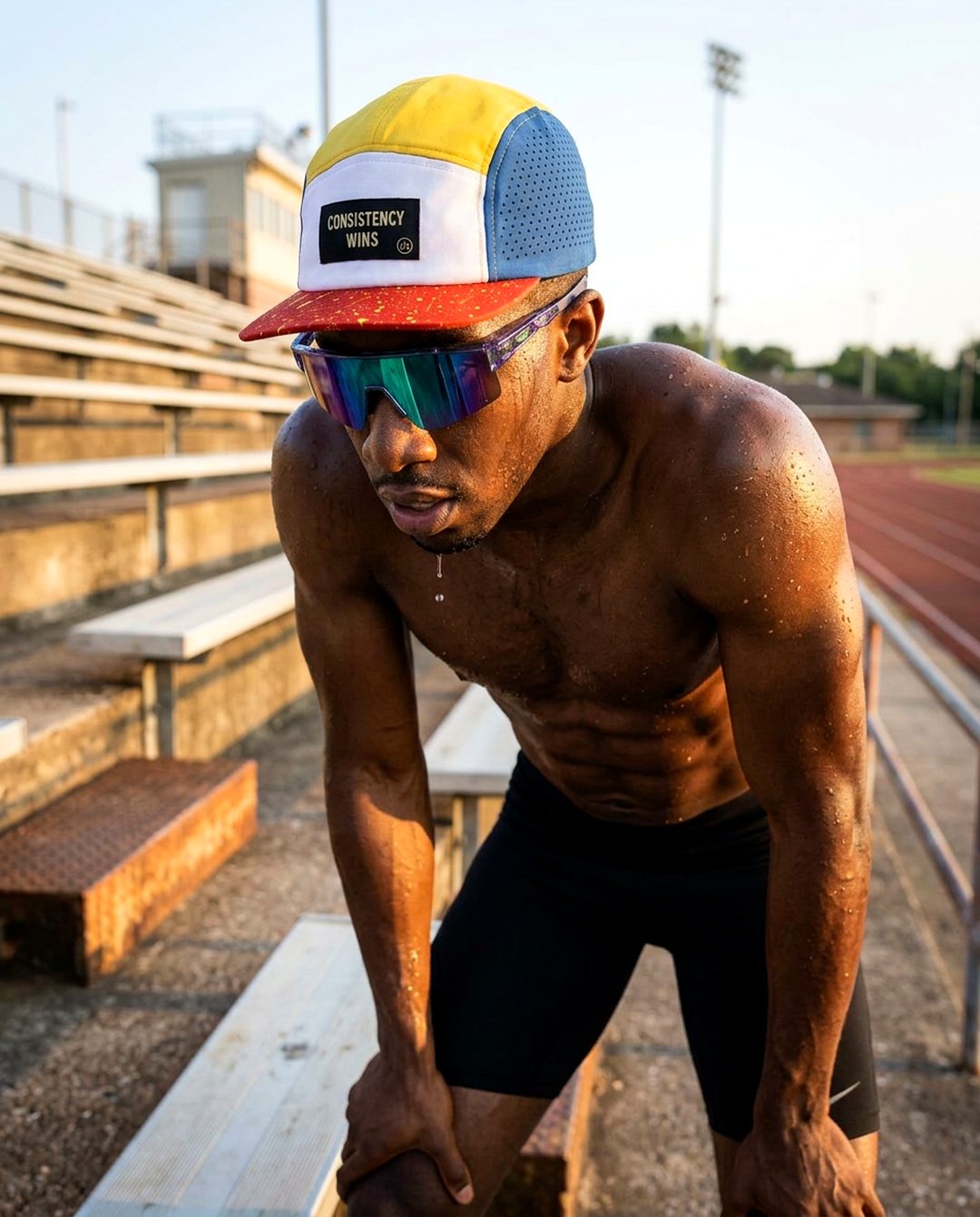 Athlete wearing the Consistency Wins running cap at the track