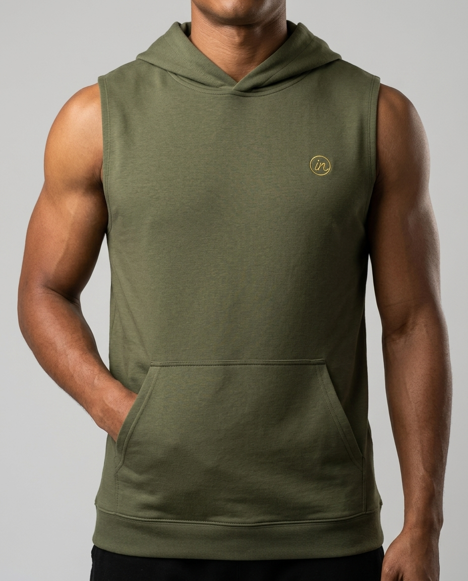 IN Sleeveless Hoodie Olive — studio fit detail on-model