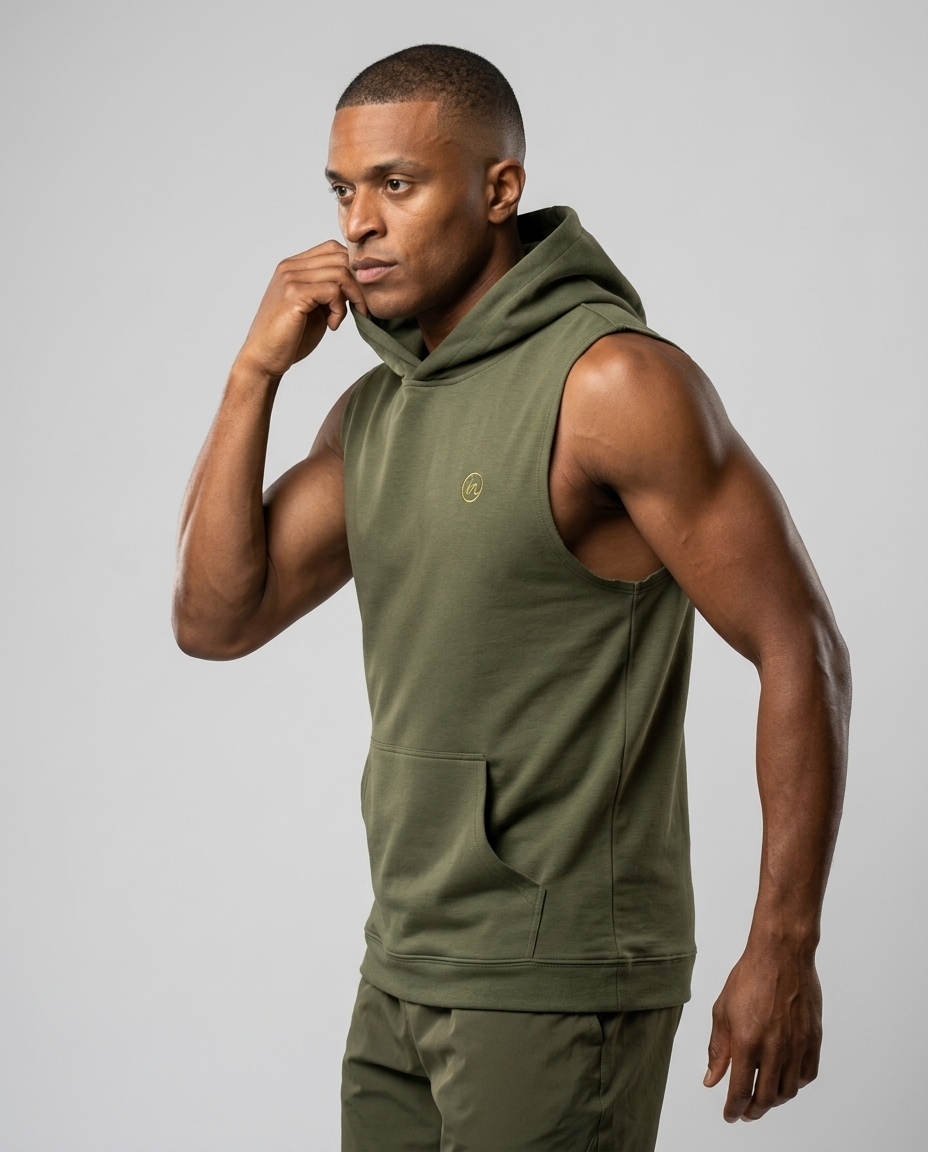 IN Sleeveless Hoodie Olive — studio 3/4 action on-model