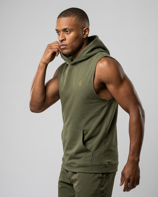 IN Sleeveless Hoodie Olive — studio 3/4 action on-model