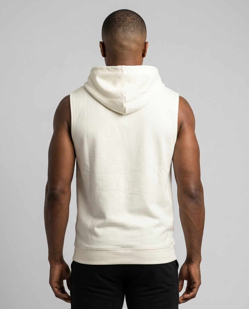IN Sleeveless Hoodie Off White — studio back on-model