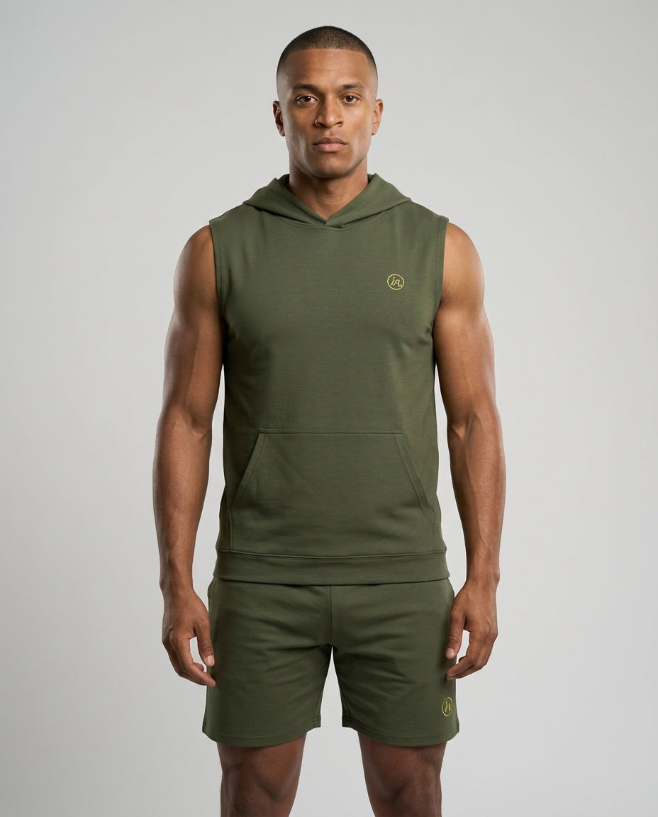 IN Sleeveless Hoodie Olive — studio front on-model