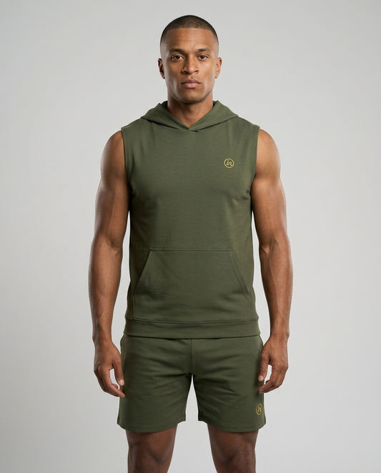 IN Sleeveless Hoodie Olive — studio front on-model