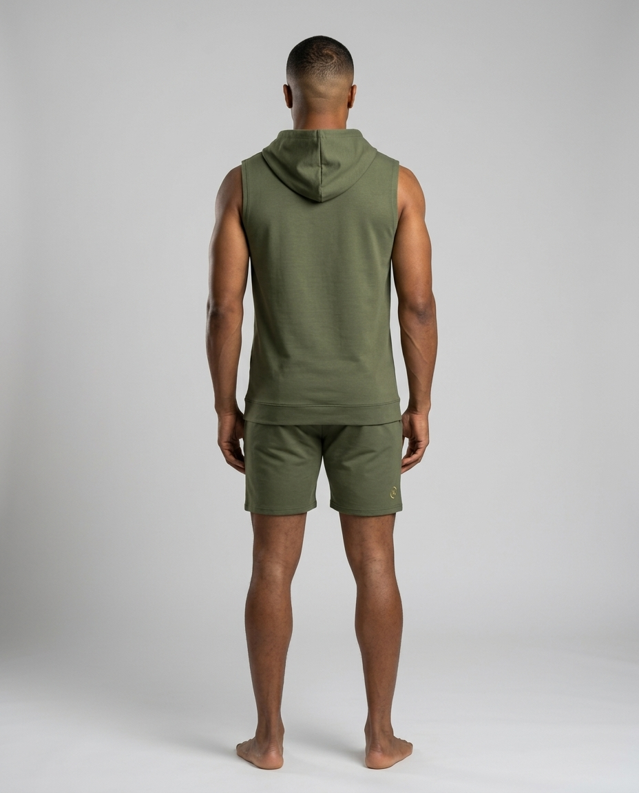 IN Sleeveless Hoodie Olive — studio back on-model