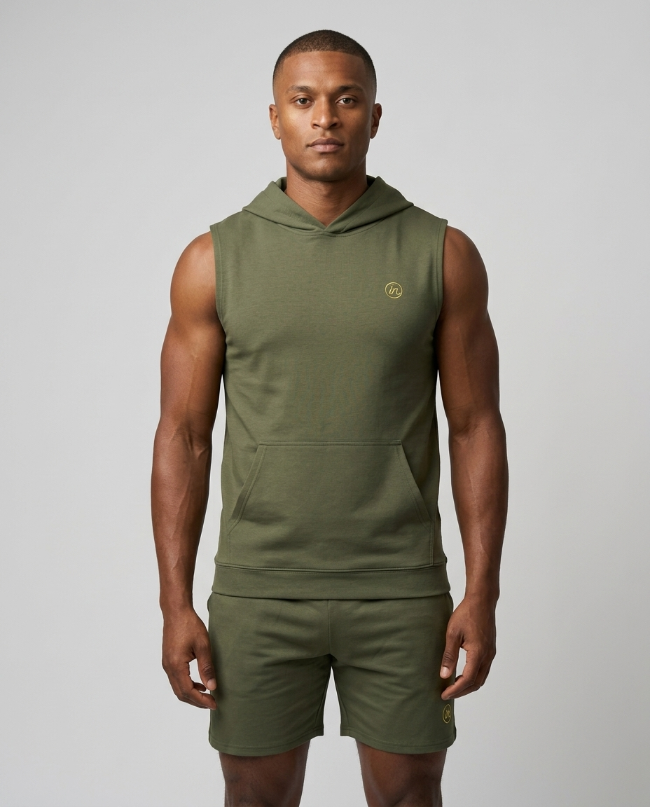 IN Sleeveless Hoodie Olive — studio full length on-model