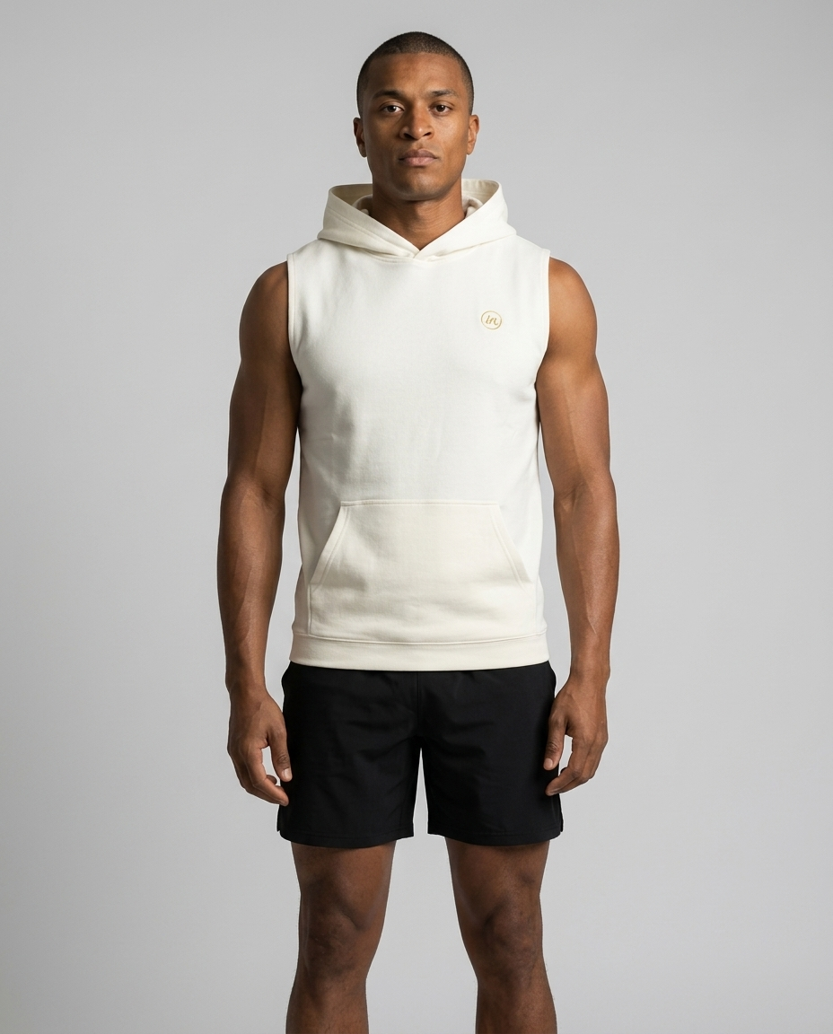 IN Sleeveless Hoodie Off White — studio front on-model